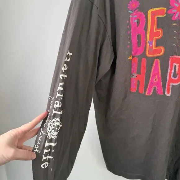 Natural Life Grey 'Be Happy' Long Sleeve T-Shirt Boho 100% Cotton Womens Large - Picture 6 of 7